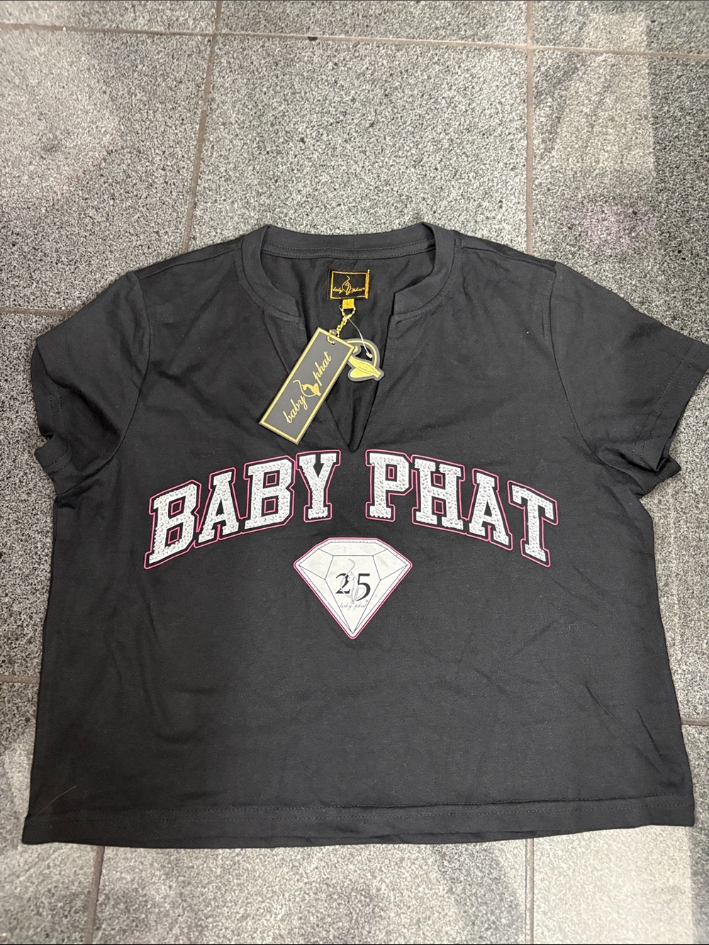 Baby Phat Black Tee with Pink-Outlined Logo and Diamond 25 Graphic